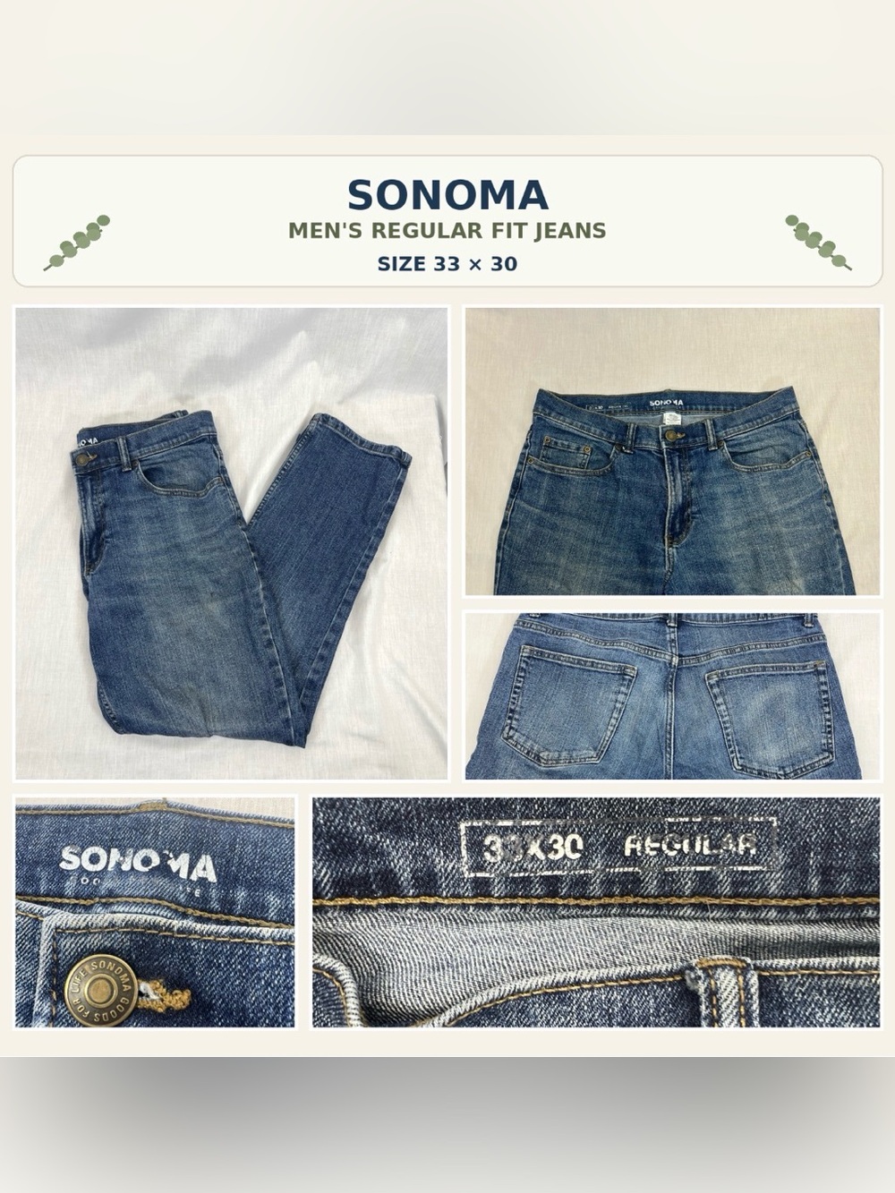 SONOMA Men's Regular Fit Blue Jeans - Size 33 x 30